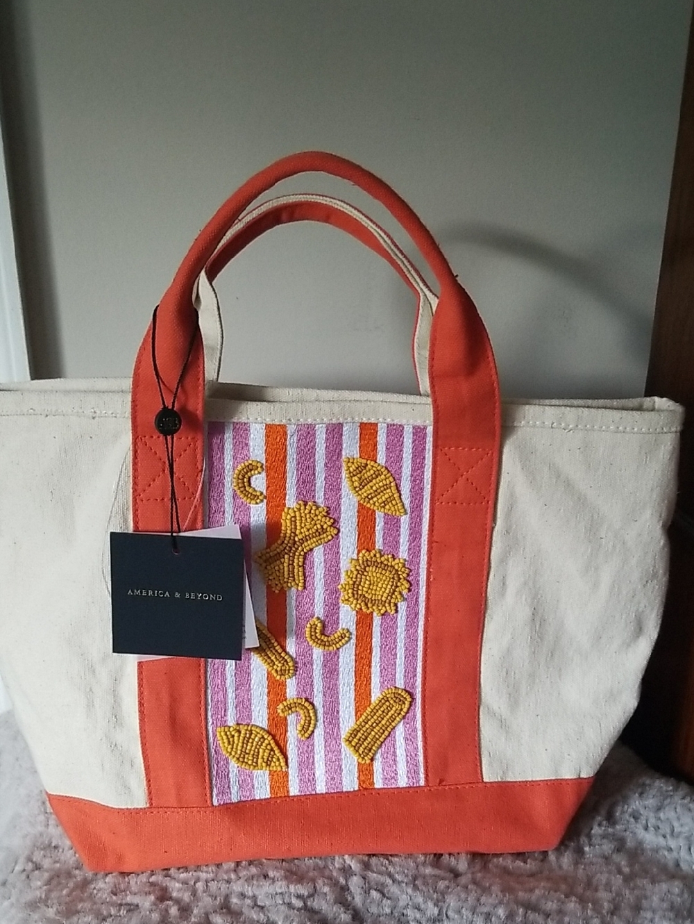 NEW! Orange-Accent Beaded Canvas Tote